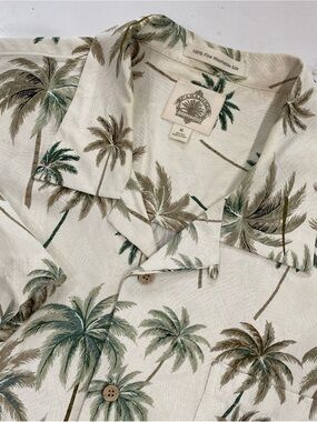 Island-style EUC Silk Palm Print Short Sleeve Shirt - Cream/Green